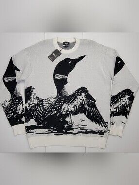 Waggle Loon Call Wildknit Crewneck Sweater Mens XL White Black Graphic Bird New